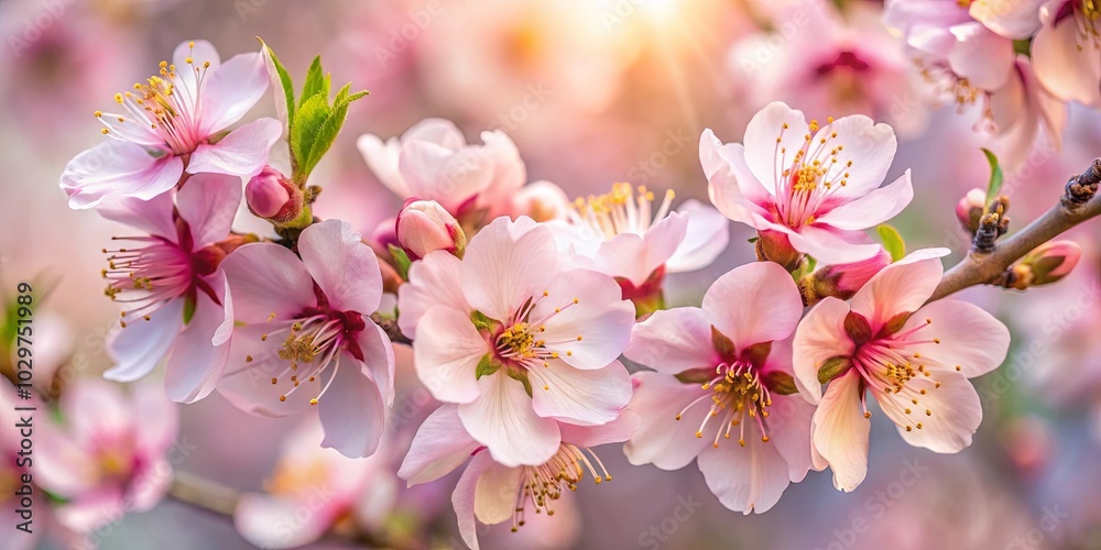 Obraz premium Delicate pink blossoms, bathed in the soft glow of sunlight, create a symphony of color and fragrance.