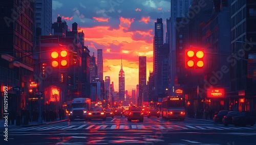 A vibrant cityscape at sunset with traffic lights and skyscrapers.