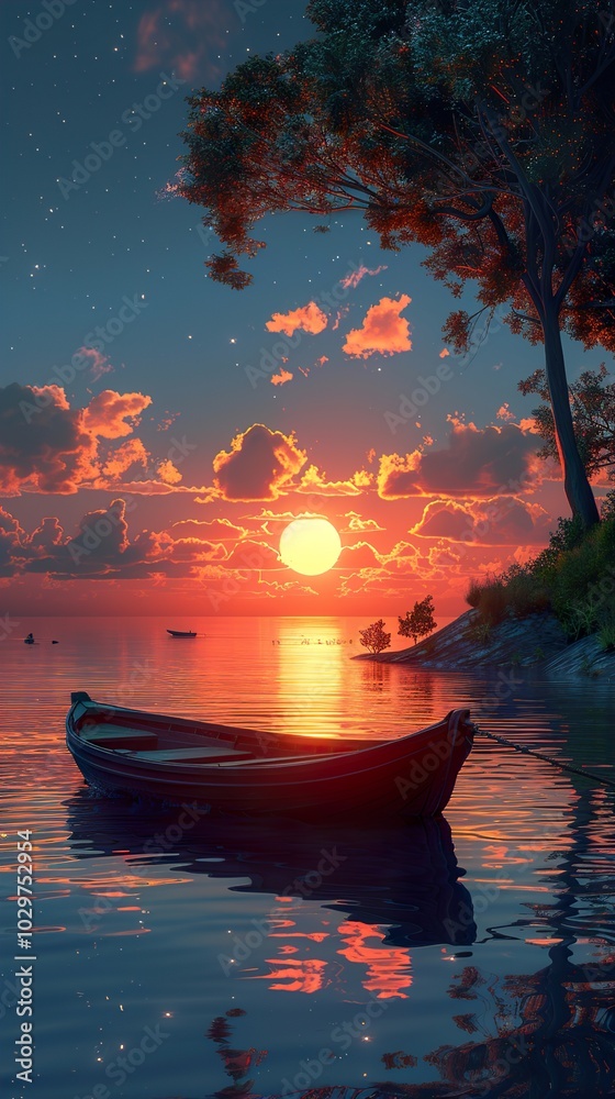 Obraz premium Sunset over a Calm Lake with a Boat