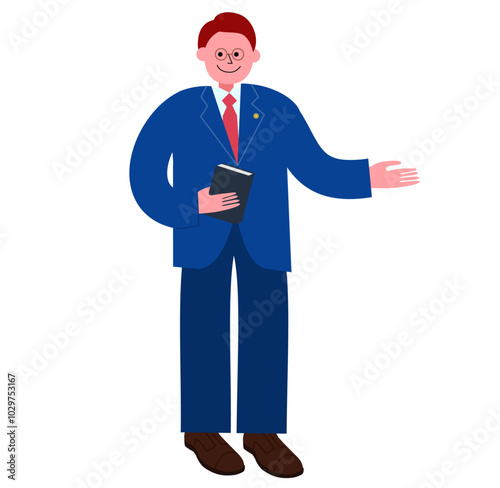 条文集を手に持った弁護士の男性が案内しているイラスト