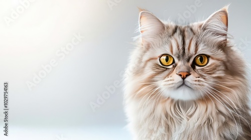 Fluffy cat with striking yellow eyes, isolated on soft background.