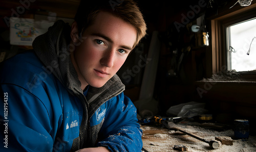 A young man with blue eyes and a blue jacket looks directly at the camera in a workshop. photo