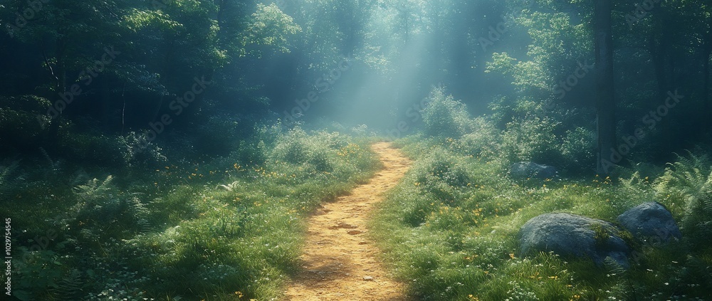 Obraz premium A serene forest path illuminated by soft sunlight, inviting exploration and tranquility.