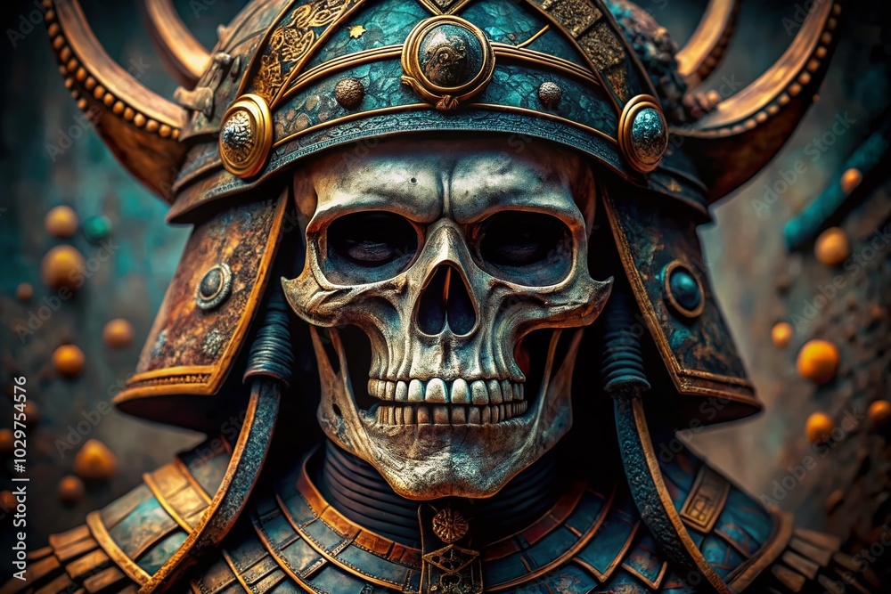 Fototapeta premium Captivating Macro Photography of a Samurai Skull with Intricate Details and Textures