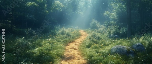 A serene forest path illuminated by soft sunlight, inviting exploration and tranquility.