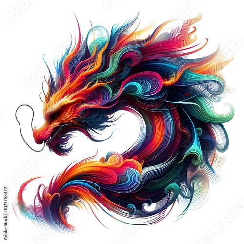 AI Generated of Abstract colorful dynamic fire lines isolated on White Background forming Dragon head