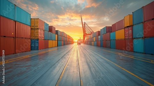 Sunset over shipping containers at port