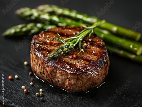 Grilled Fillet Mignon Steak with roasted asparagus Black background Top view - ai