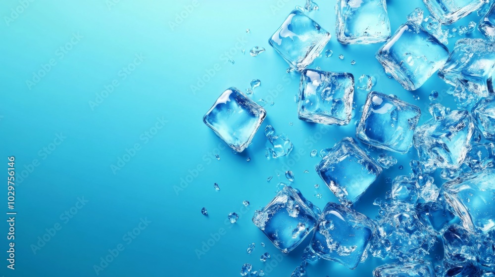 Close-up group ice cubes scattered blue background are Stack of frozen beverages Close-up group ice cubes scattered blue background are Stack of frozen beverages