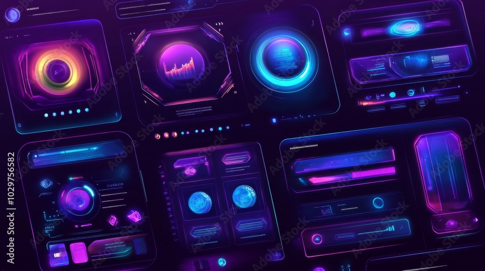 Collection futuristic-looking interface elements dark purple background are Illustration of UI overlay Collection futuristic-looking interface elements dark purple background are Illustration of UI overlay
