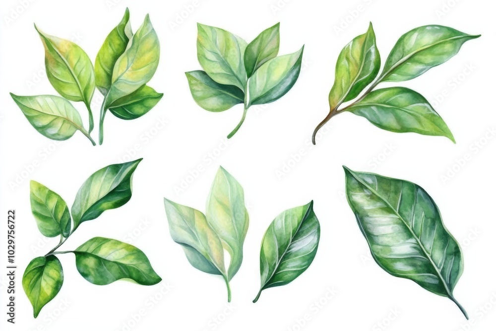 Collection nine green leaves different sizes shapes are Isolated watercolor Matcha Collection nine green leaves different sizes shapes are Isolated watercolor Matcha