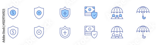 Insurance icon set in two styles, Duotone and Thin Line style. Editable stroke. protection, shield, social security, travel insurance, insurance