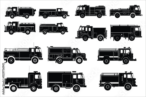 Set fire truck silhouettes vector illustrations. Fire truck silhouettes vector collection. Black silhouette of a fire truck vector.  Vector fire truck silhouettes. Emergency vehicle silhouettes vector