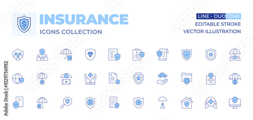 Insurance icons collection. Line Duotone style, editable stroke. accident, life insurance, folder, insurance, protect, investment insurance, healthcare, car, customer, health insurance