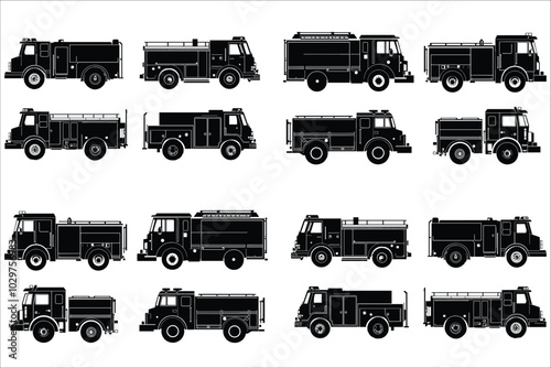 Set fire truck silhouettes vector illustrations. Fire truck silhouettes vector collection. Black silhouette of a fire truck vector.  Vector fire truck silhouettes. Emergency vehicle silhouettes vector