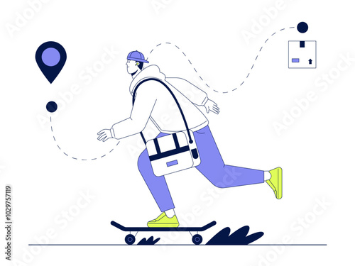 Deliveryman deliver the package with skateboard. Delivery illustration. Flat vector illustration