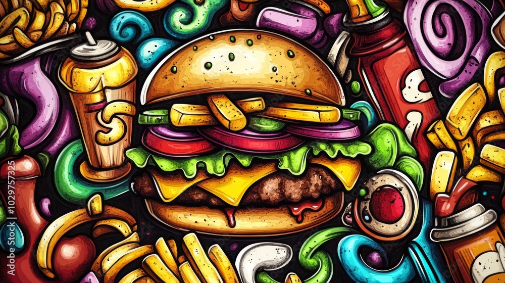 Colorful illustration various fast food items objects background Cartoon doodles Colorful illustration various fast food items objects background Cartoon doodles