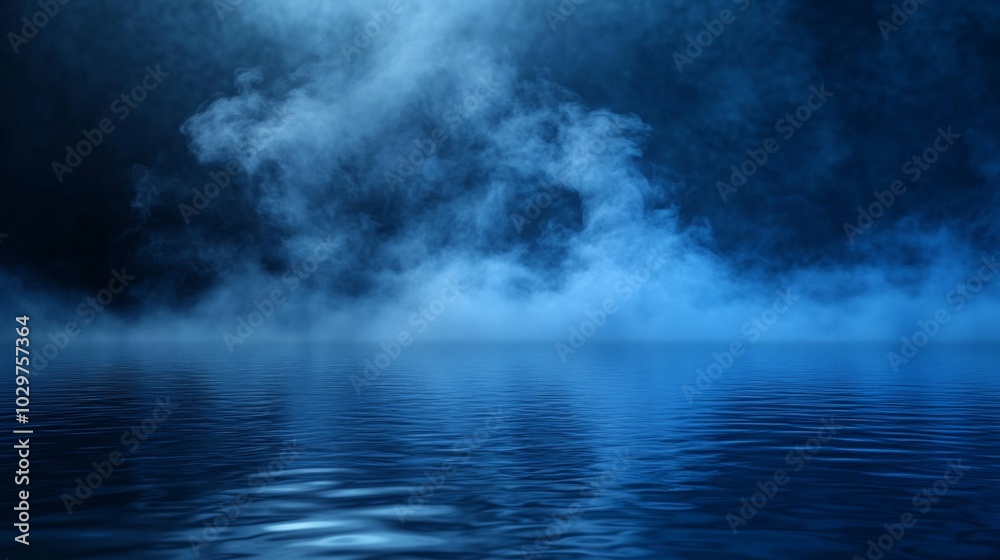 Dark blue background reflection water foreground calm still The picture shows smoke Dark blue background reflection water foreground calm still The picture shows smoke