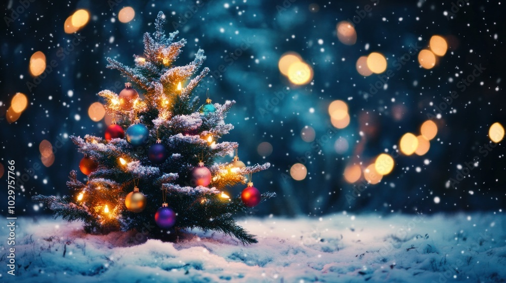 Bright Christmas tree in snowy landscape, ornaments, glowing lights, falling snowflakes, serene festive scene. Bright Christmas tree in snowy landscape, ornaments, glowing lights, falling snowflakes, serene festive scene.