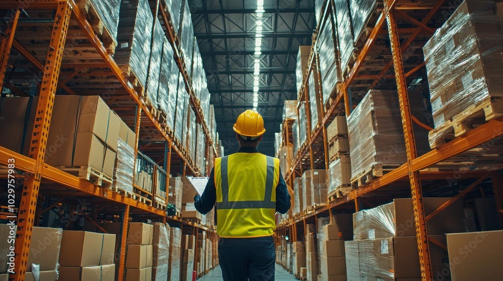 A warehouse worker in a reflective vest and hard hat checks inventory in a large facility. Tall shelves filled with boxes are organized for storage and shipment under bright industrial lighting.