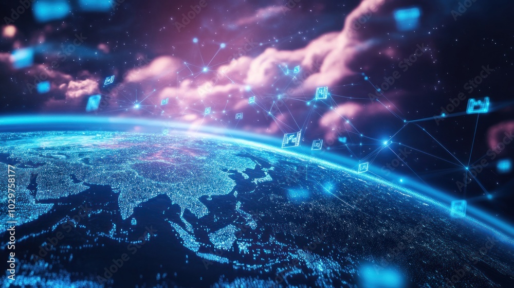 A glowing digital network of lines and icons connecting around the planet Earth, with a focus on Asia, showcasing global communication and connectivity. A glowing digital network of lines and icons connecting around the planet Earth, with a focus on Asia, showcasing global communication and connectivity.