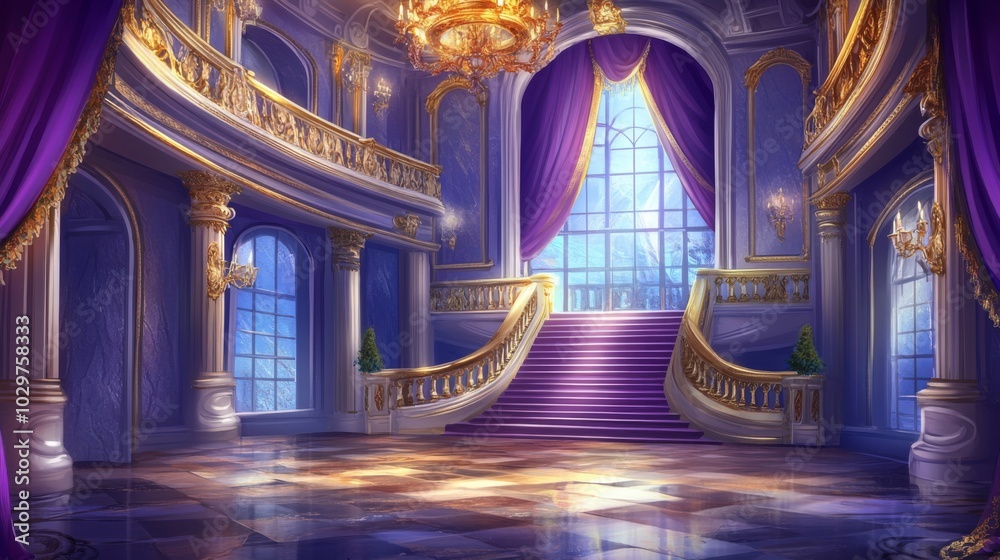 Naklejka premium Digital illustration luxurious grand room high ceilings ornate of medieval banquet