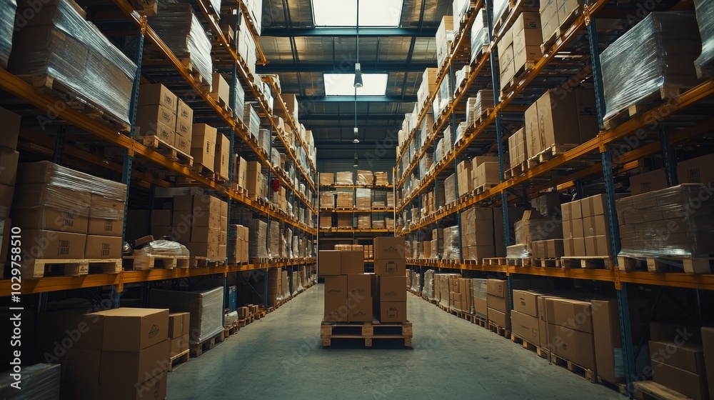 A spacious warehouse filled with tall racks of boxes stacked on pallets. The neat, organized aisles and industrial lighting highlight the efficiency and storage capacity of the facility. A spacious warehouse filled with tall racks of boxes stacked on pallets. The neat, organized aisles and industrial lighting highlight the efficiency and storage capacity of the facility.