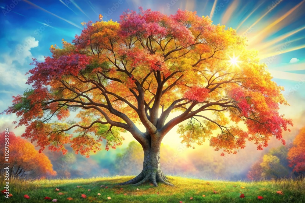 Elegant colorful tree with vibrant leaves hanging branches. Bright color 3d abstraction wallpaper for interior mural painting wall, Generative AI Elegant colorful tree with vibrant leaves hanging branches. Bright color 3d abstraction wallpaper for interior mural painting wall, Generative AI
