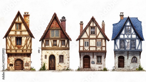 Fototapeta Naklejka Na Ścianę i Meble -  Four different types medieval houses are arranged Isolated german building