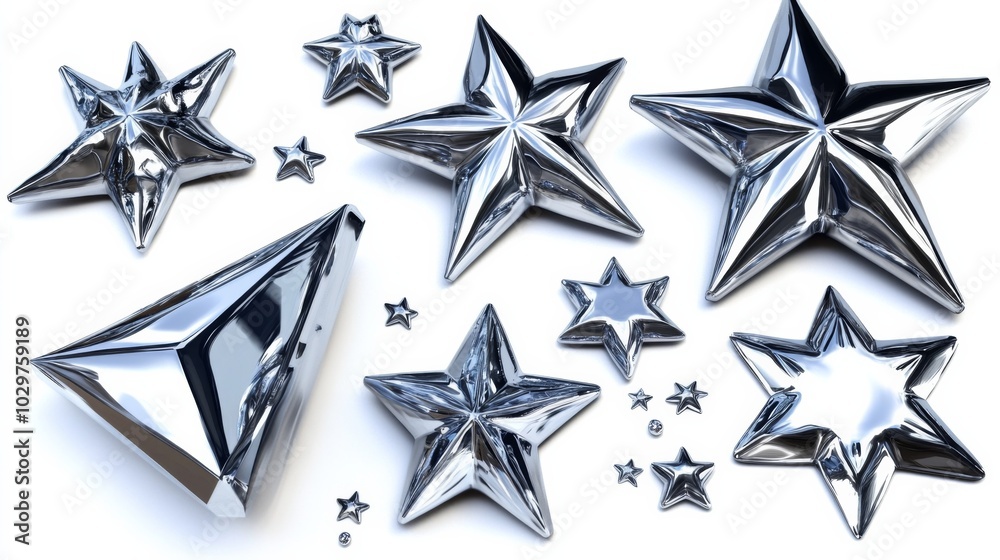 Obraz premium Group nine silver stars scattered randomly white background 3d chrome set