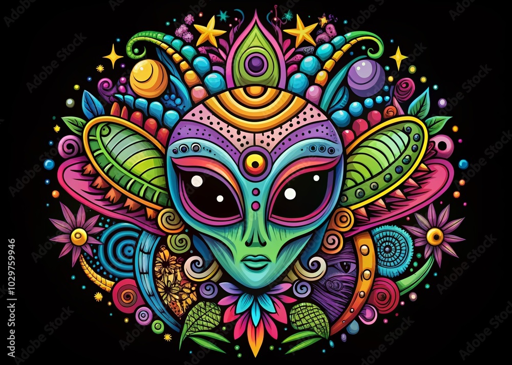 Cartoon Alien Doodle in Macro Photography Style for T-Shirt Design - Black and White Vector Illustration