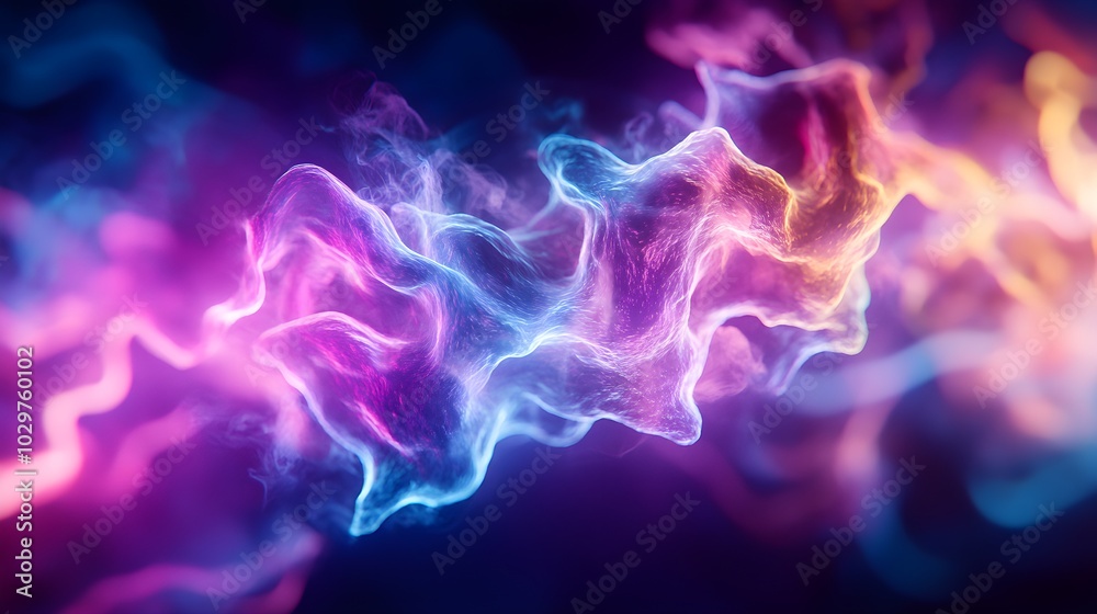 Close-up of an abstract, multicolored stem cell, illuminated by iridescent lights, misty smoke swirling in the background, laboratory atmosphere, fantasy illustration Close-up of an abstract, multicolored stem cell, illuminated by iridescent lights, misty smoke swirling in the background, laboratory atmosphere, fantasy illustration
