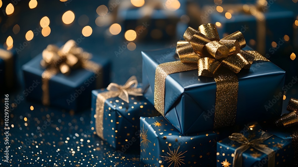 Luxurious blue gifts adorned with golden bows, arranged on a blue surface, stars twinkling softly in the background, creating a festive scene Luxurious blue gifts adorned with golden bows, arranged on a blue surface, stars twinkling softly in the background, creating a festive scene