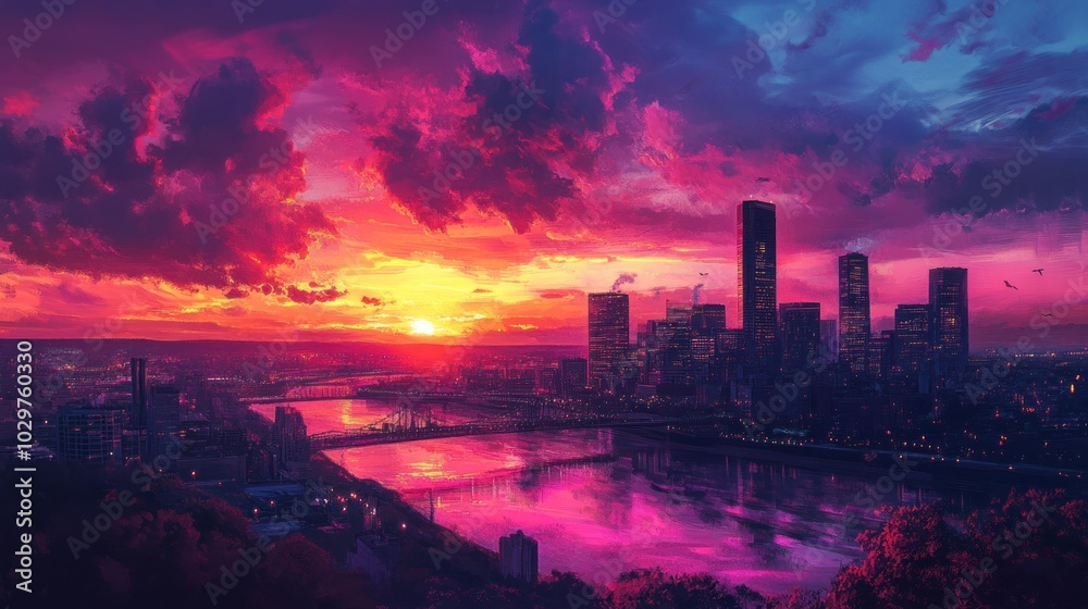 A vibrant sunset over a city skyline with a river reflecting the colorful sky. A vibrant sunset over a city skyline with a river reflecting the colorful sky.