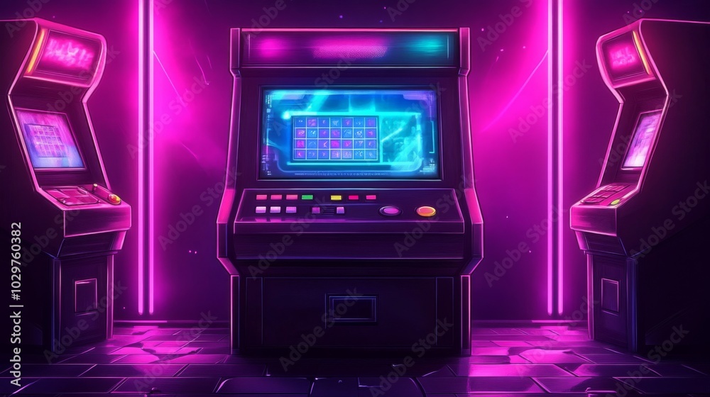 Old-fashioned arcade machine dark room neon lights is Gamer interface with text
