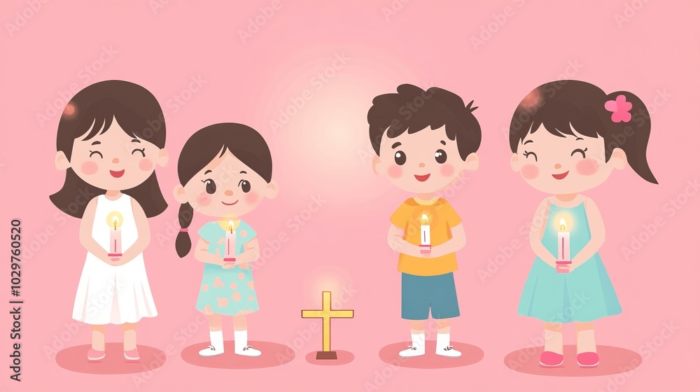 Four Children Holding Lit Candles in Front of a Cross Four Children Holding Lit Candles in Front of a Cross