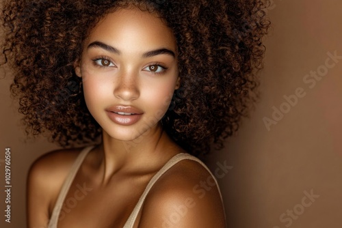 Portrait young woman curly hair She wearing beige The IA picture depicts