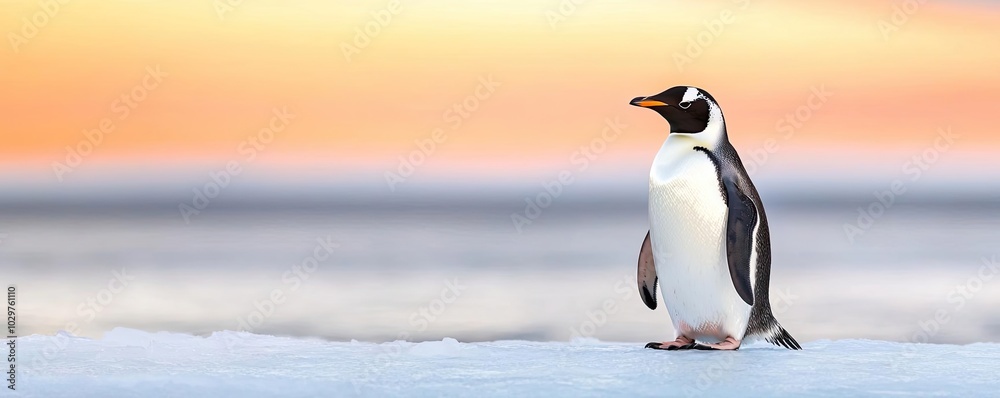 Naklejka premium Penguin standing on ice with a colorful sunset in the background.