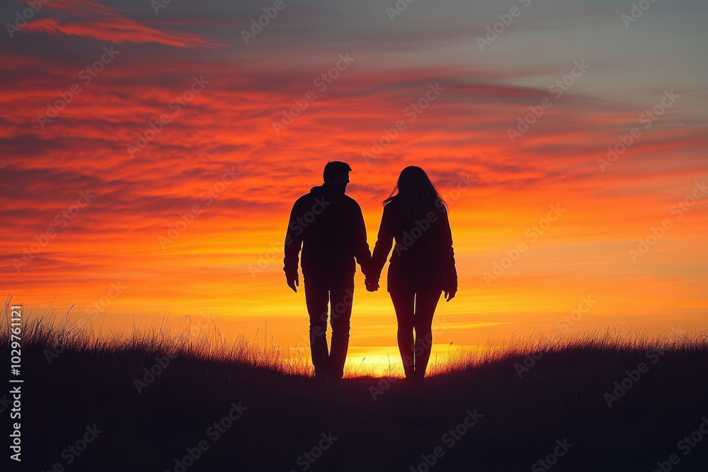 Fototapeta premium A couple is walking together in a field at sunset