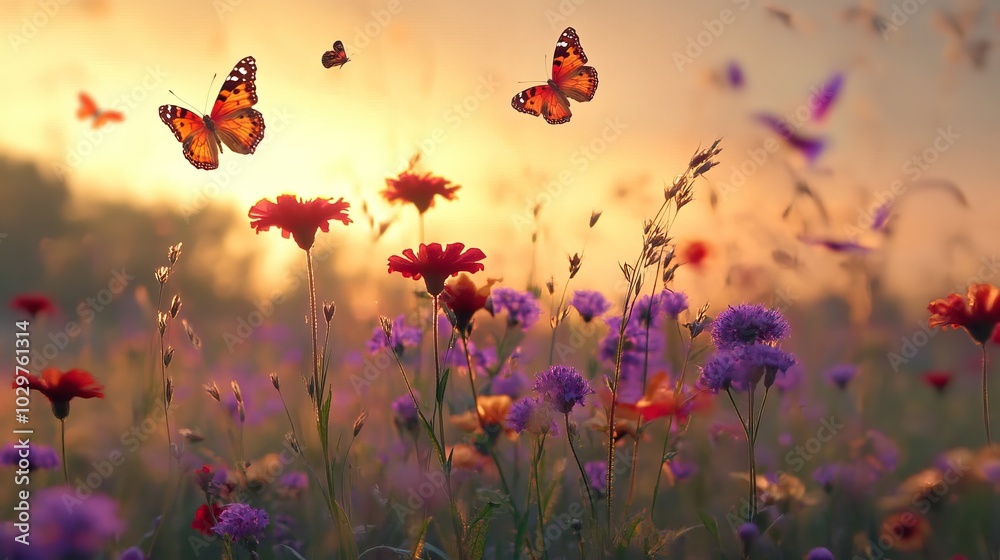 Butterflies in a Meadow at Sunset Butterflies in a Meadow at Sunset