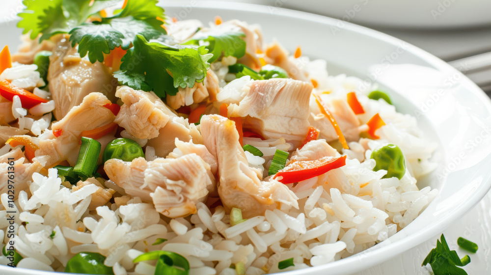 Delicious chicken and rice dish featuring tender chicken pieces, fresh herbs, and vibrant vegetables, creating colorful and appetizing meal Delicious chicken and rice dish featuring tender chicken pieces, fresh herbs, and vibrant vegetables, creating colorful and appetizing meal