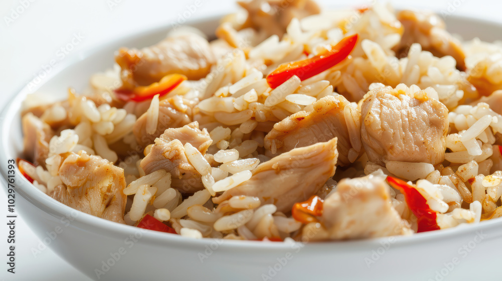 Delicious chicken fried rice with tender pieces of meat and vibrant red peppers, served in white bowl. This dish is perfect for satisfying meal Delicious chicken fried rice with tender pieces of meat and vibrant red peppers, served in white bowl. This dish is perfect for satisfying meal