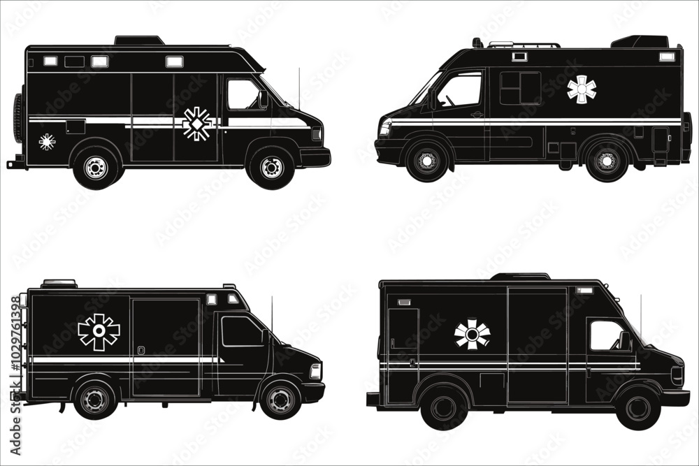 Fototapeta premium Ambulance silhouette vector. Emergency vehicle silhouettes vector. Ambulance silhouettes vector illustrations. Black silhouettes of ambulance. Medical emergency ambulance silhouettes vector designs