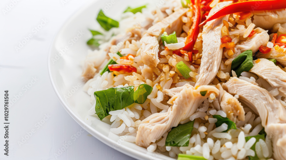 Delicious chicken stir fry with rice, fresh vegetables, and vibrant red chili peppers creates colorful and appetizing dish. Perfect for quick meal! Delicious chicken stir fry with rice, fresh vegetables, and vibrant red chili peppers creates colorful and appetizing dish. Perfect for quick meal!