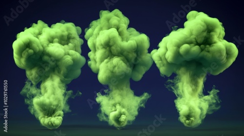 Three large green smoke-like structures dark blue background Isolated smelly garbage miasma