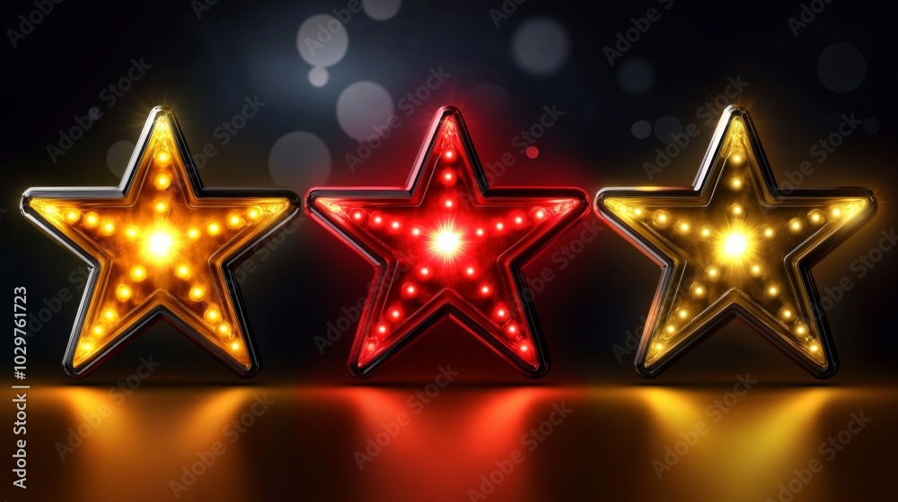 Three star-shaped lights different colors - red gold Light bulb frames Three star-shaped lights different colors - red gold Light bulb frames