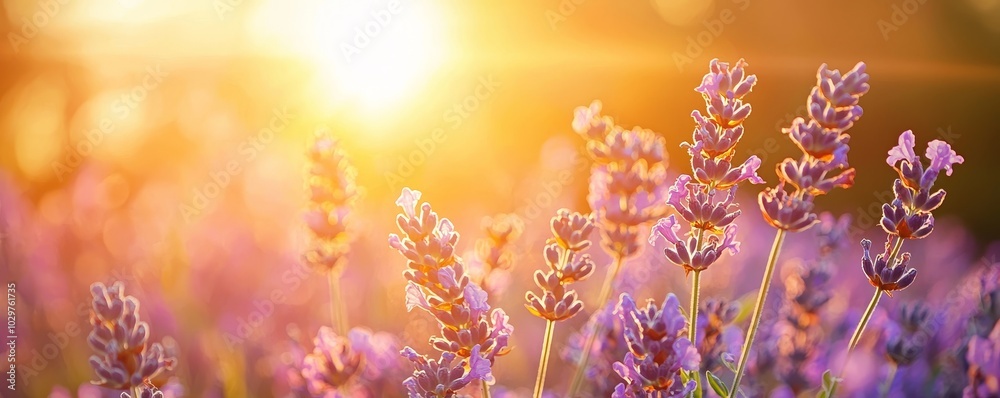Crystal-clear sunlight shining on a field of lavender flowers, warm nature in summer. Crystal-clear sunlight shining on a field of lavender flowers, warm nature in summer.