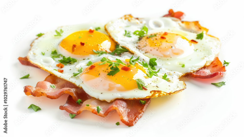 Delicious fried eggs served on crispy bacon, garnished with fresh herbs and sprinkle of chili flakes, creating mouthwatering breakfast dish Delicious fried eggs served on crispy bacon, garnished with fresh herbs and sprinkle of chili flakes, creating mouthwatering breakfast dish