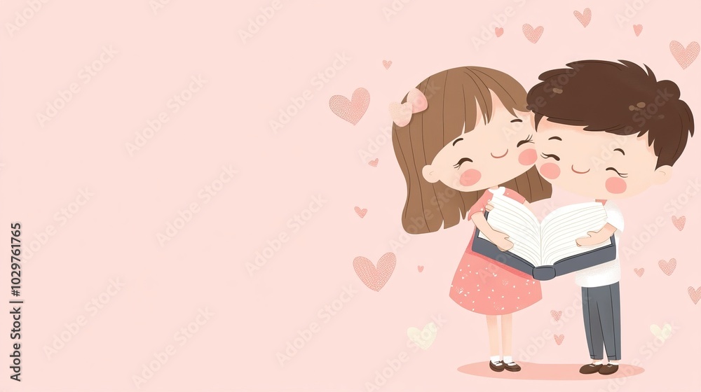 A Boy and Girl Hugging While Reading a Book Surrounded by Hearts A Boy and Girl Hugging While Reading a Book Surrounded by Hearts