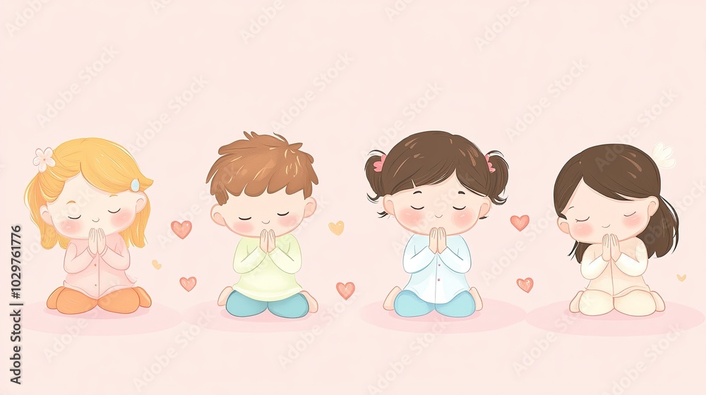 Four Children Kneeling with Hands Together in Prayer Four Children Kneeling with Hands Together in Prayer